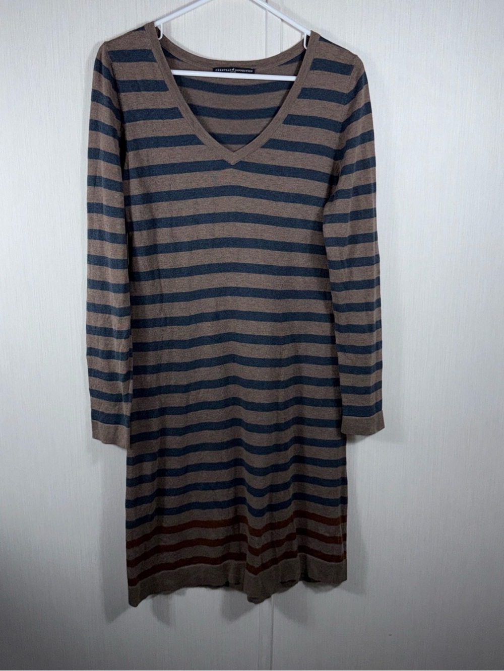 Peruvian Connection M Dress 100% Pima Cotton Brown Gray Red Striped V Neck